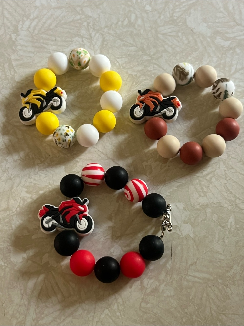Motorcycle Bead Teether Bracelet Trio - Yellow, Neutral, Black/Red B246